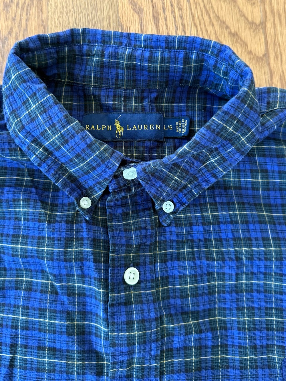 Ralph Lauren Men’s Large Plaid Button Down Shirt Blue Green 100% Cotton Pony